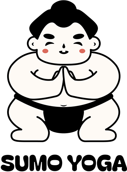 Cartoon sumo wrestler in a yoga pose with 'SUMO YOGA' text below.